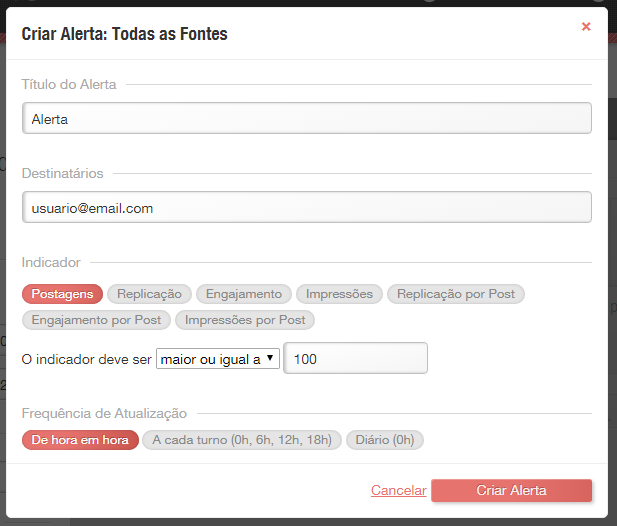 Tela para criação de alertas