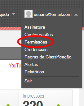 Menu de acesso à area de Permissões