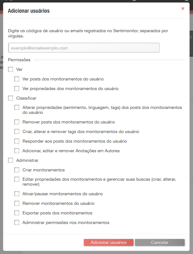 Opções disponiveis para adicionar permissões de conta