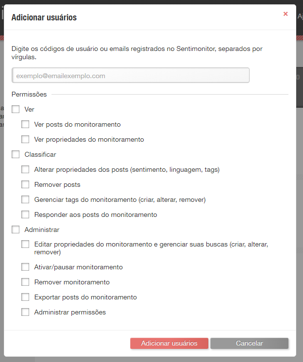 Opções disponíveis ao adicionar permissões em Monitoramento
