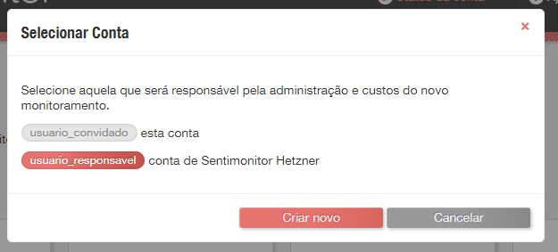 Menu para selecionar conta onde o monitoramento será salvo