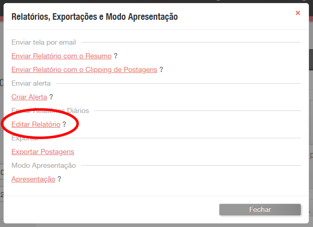 Menu para editar e salvar o relatório
