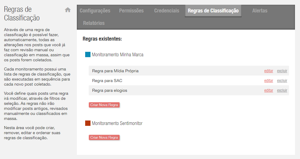 Tela com a listagem de regras cadastradas