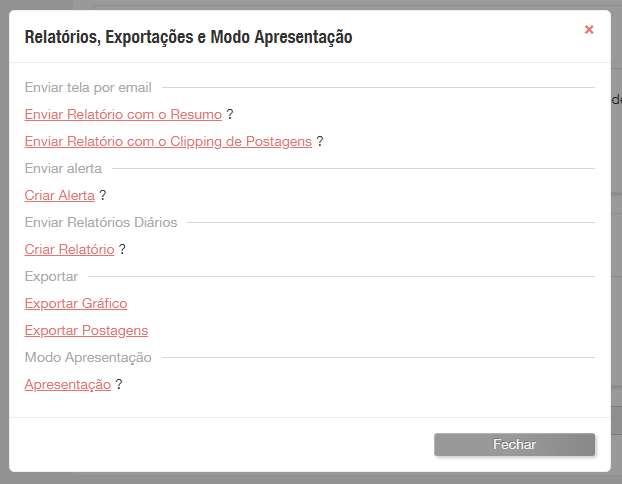 Tela de Relatórios, Exportações e Modo Apresentação